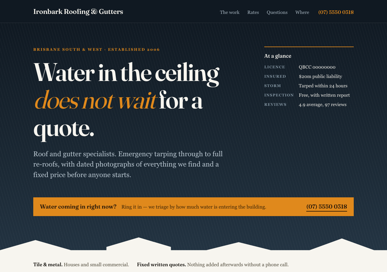 Homepage of a roofing website with a storm headline over a dark storm sky and a rooftop silhouette