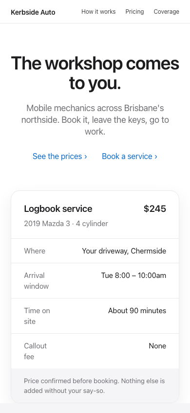 A mobile mechanic website shown on a phone screen, fully readable without zooming